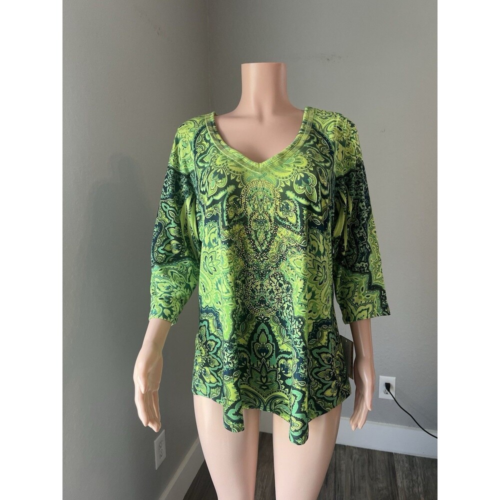 ENERGe World WEAR Top SZ 2X GREEN SEQUIN TUNIC Print Boho Artsy Flowy NEW NWT#36